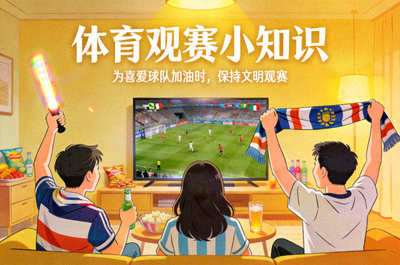 体育观赛小知识配图，展示球迷在屏幕前欢呼的场景